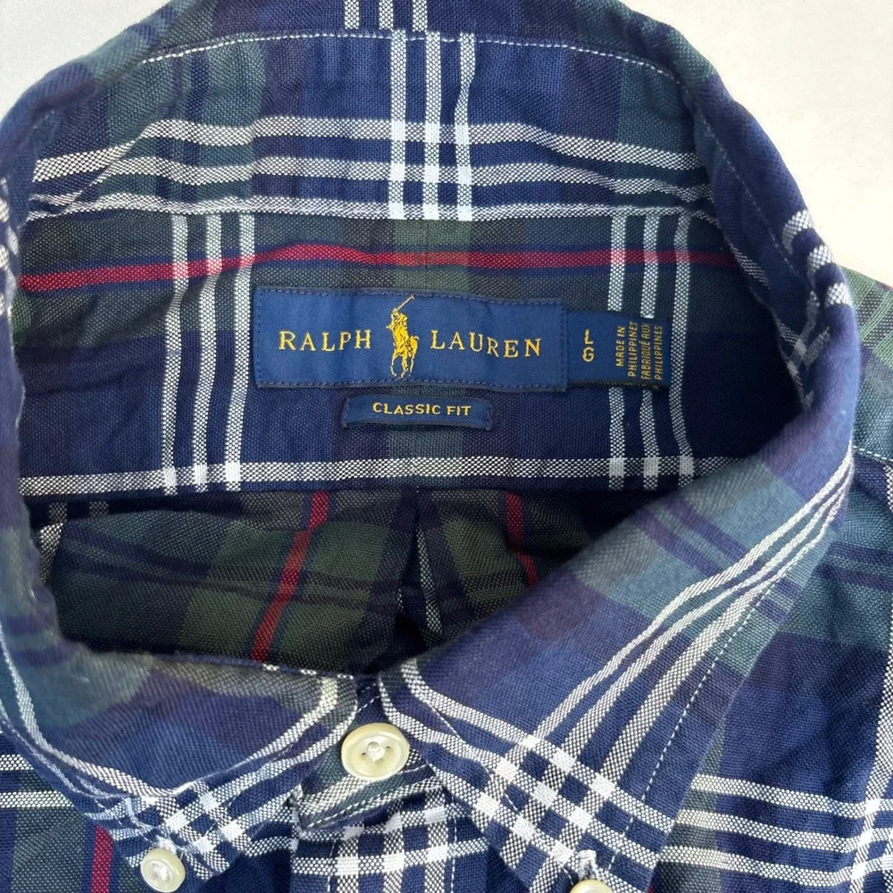 Ralph Lauren Mens Classic Fit Plaid Button Down Shirt Blue Green Large L